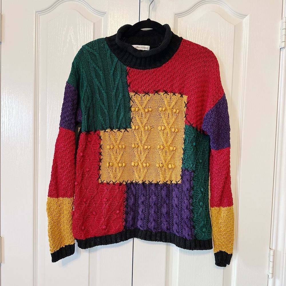 Woman Color Block Chunky Knit Patchwork Sweater Multicolored Size Medium
